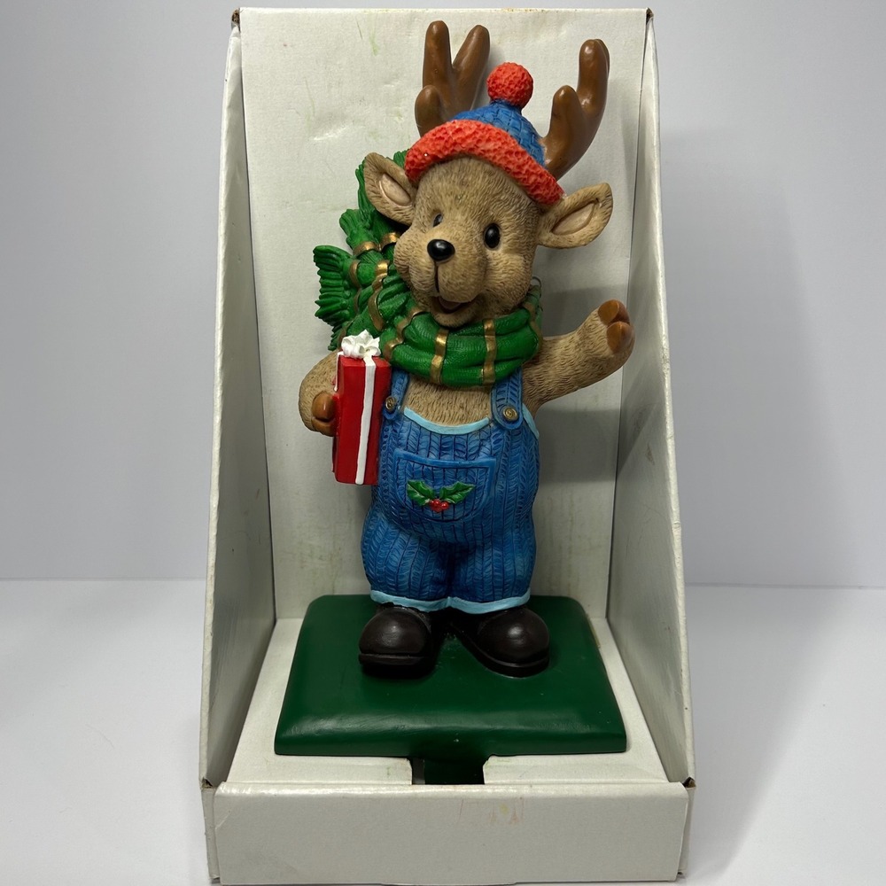 Jaimy Reindeer Stocking Holder Christmas Resin Figurine Blue Overalls Cute Decor
